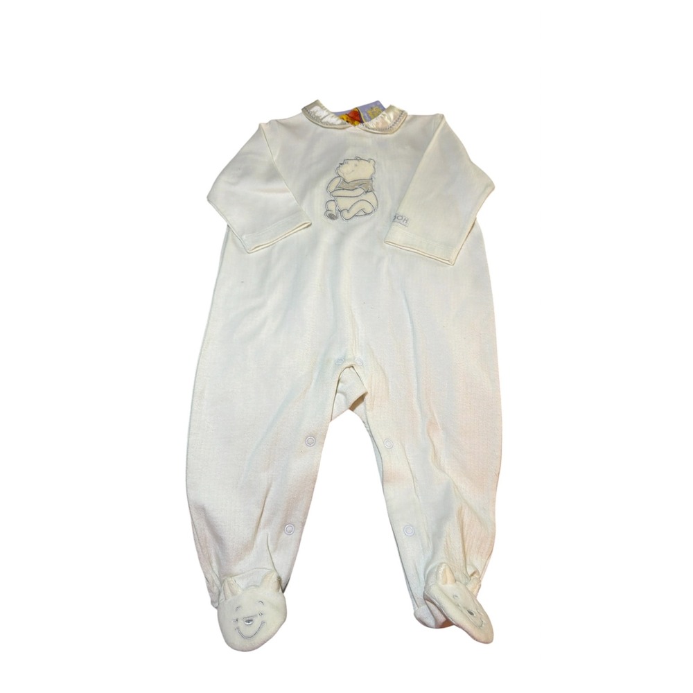 Disney Winnie the Pooh Sears Baby Footed Sleeper Cream Cotton Satin Collar 6-9M